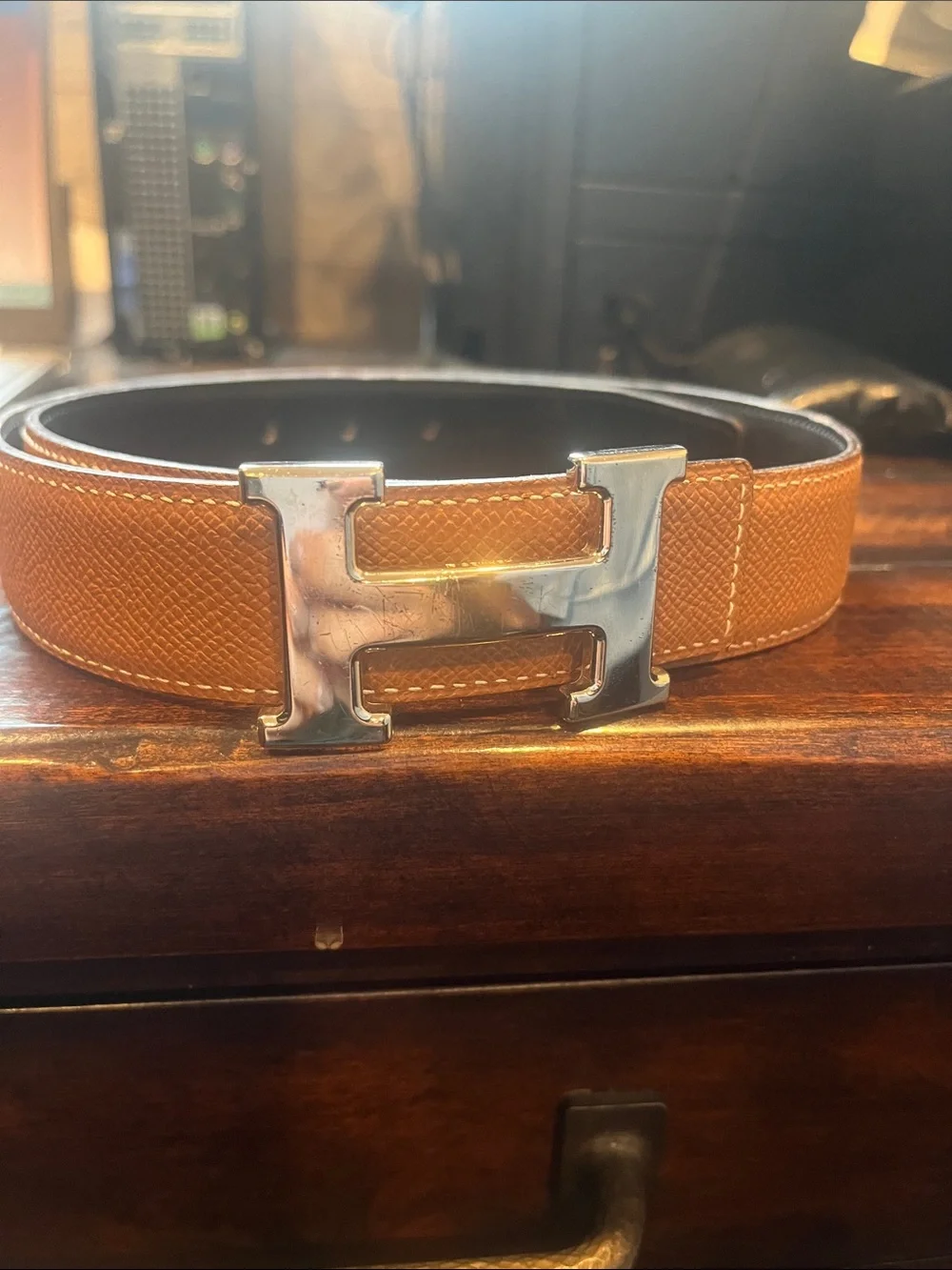 Hermes Leather Belt with Silver H Buckle - Tan